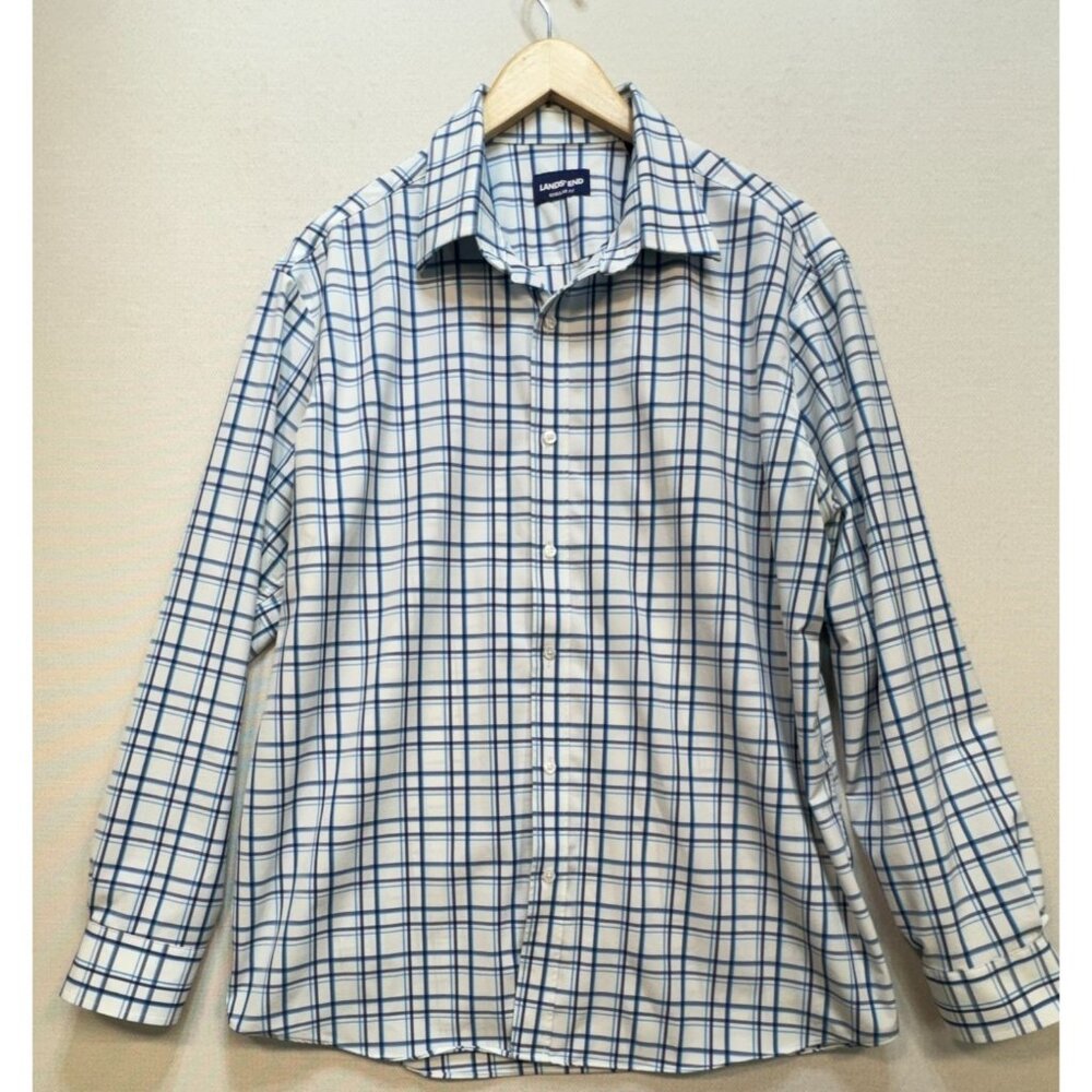 Lands’ End Mens Button Down Shirt Regular Fit Sz XL Blue White Plaid Long Sleeve